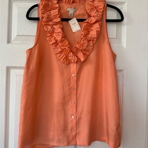 NWT J. Crew Coral Ruffle Neck 100% Silk Blouse, Size 10